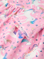 Pink Unicorn Girls Pocket Dress Rainbow Star Print