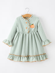 Fall Plaid Girls Dress Pumpkin Applique Ruffle Button Dress
