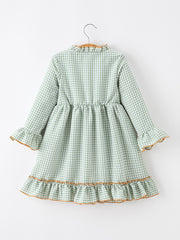 Fall Plaid Girls Dress Pumpkin Applique Ruffle Button Dress