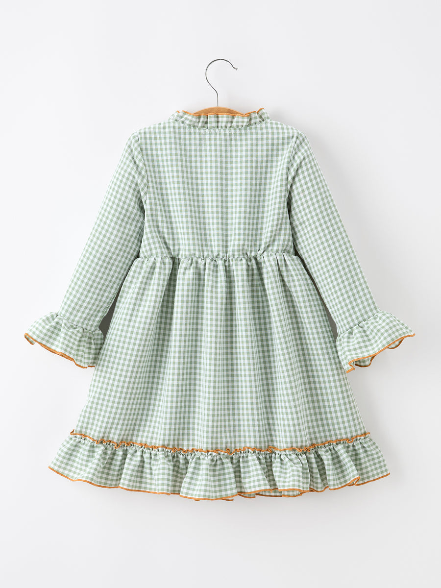 Fall Plaid Girls Dress Pumpkin Applique Ruffle Button Dress