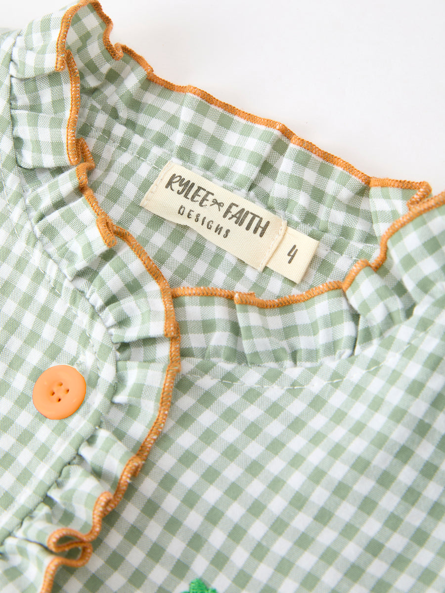 Fall Plaid Girls Dress Pumpkin Applique Ruffle Button Dress