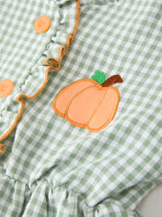 Fall Plaid Girls Dress Pumpkin Applique Ruffle Button Dress