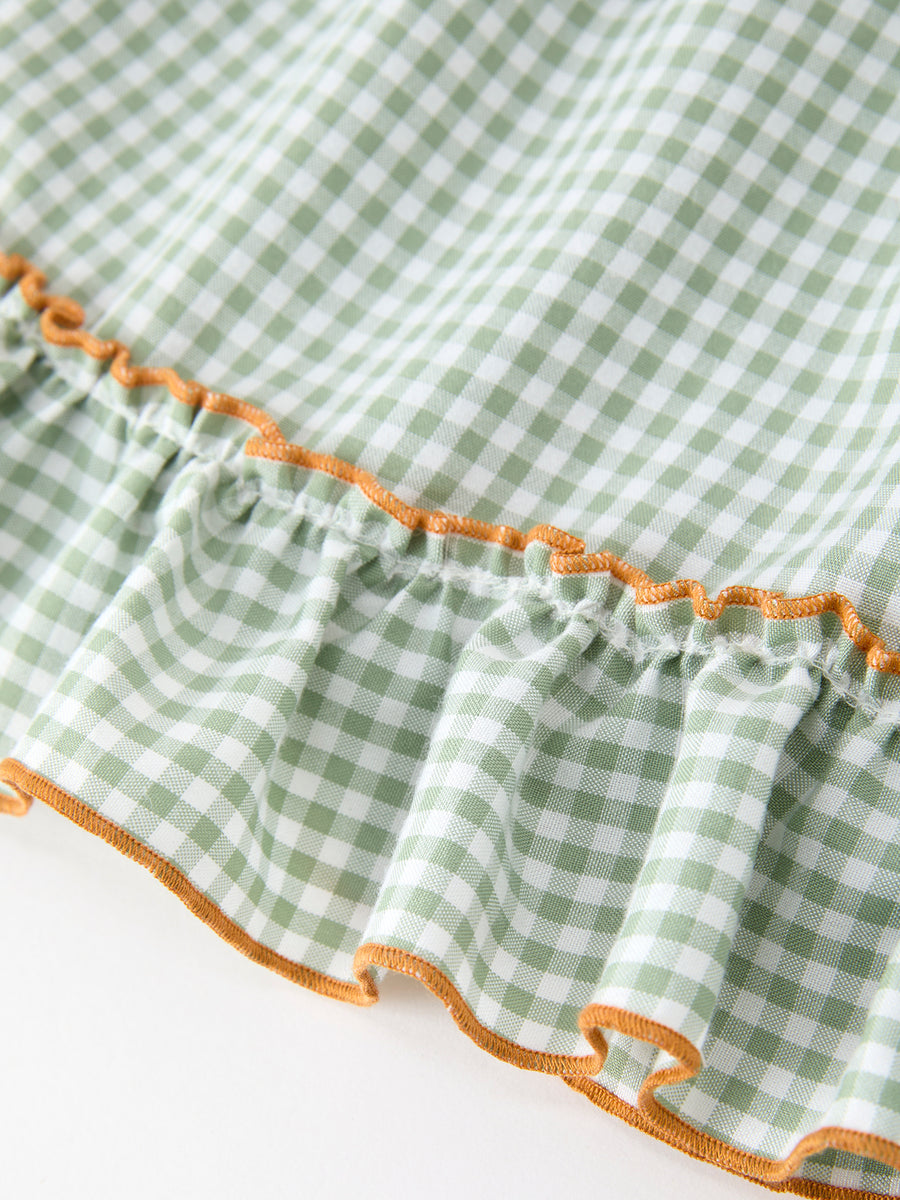 Fall Plaid Girls Dress Pumpkin Applique Ruffle Button Dress