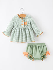 Fall Plaid Baby Girl Outfit Set Pumpkin Applique Ruffle Top Bloomer