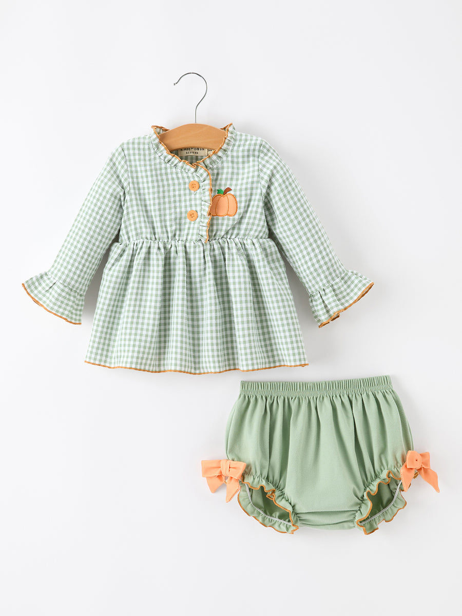 Fall Plaid Baby Girl Outfit Set Pumpkin Applique Ruffle Top Bloomer