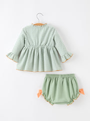 Fall Plaid Baby Girl Outfit Set Pumpkin Applique Ruffle Top Bloomer
