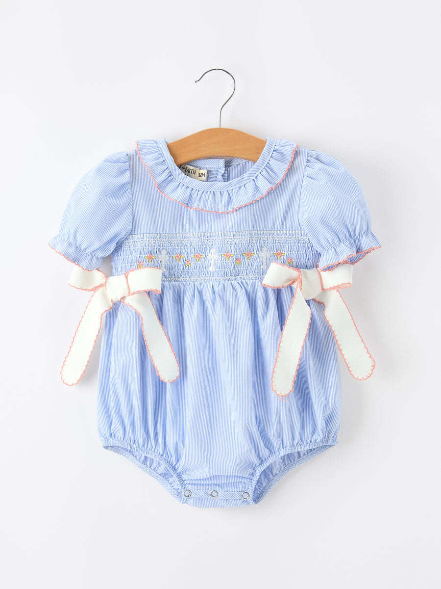 Blue Striped Girls Romper Church Christ Bishop Christening Ruffle Collar