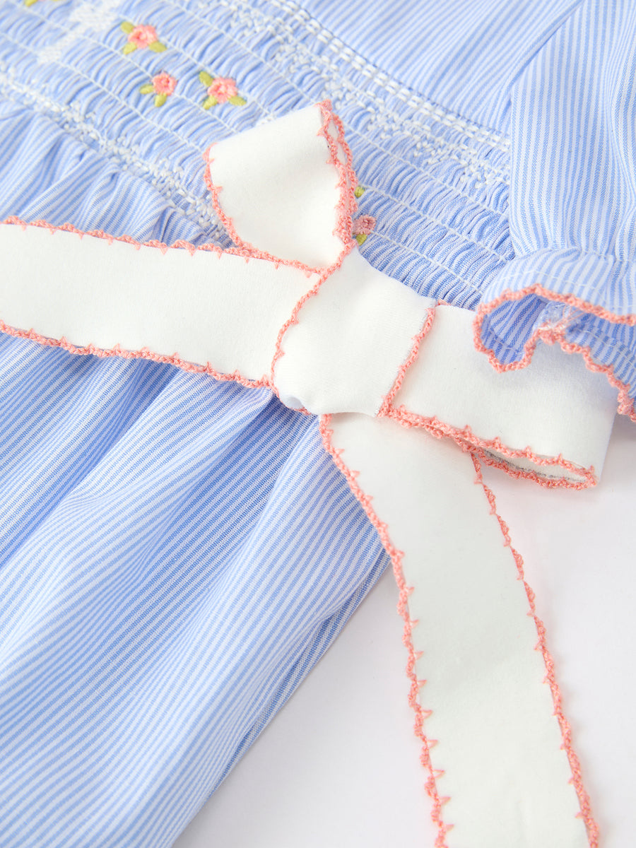 Blue Striped Girls Romper Church Christ Bishop Christening Ruffle Collar