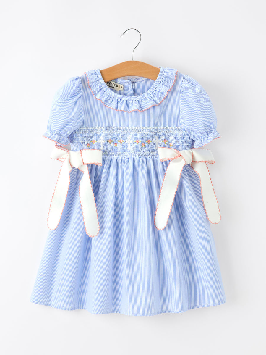 Blue Striped Girls Dress Church Christ Bishop Christening Ruffle Collar