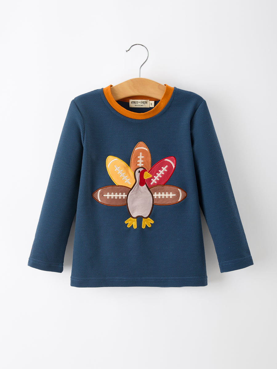 Thanksgiving Turkey Applique Kids Navy Waffle Long Sleeve Top Shirt