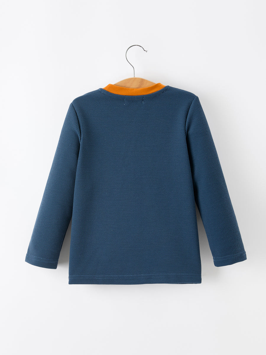 Thanksgiving Turkey Applique Kids Navy Waffle Long Sleeve Top Shirt