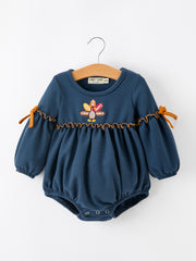 Thanksgiving Fall Turkey Applique Navy Baby Girls Romper