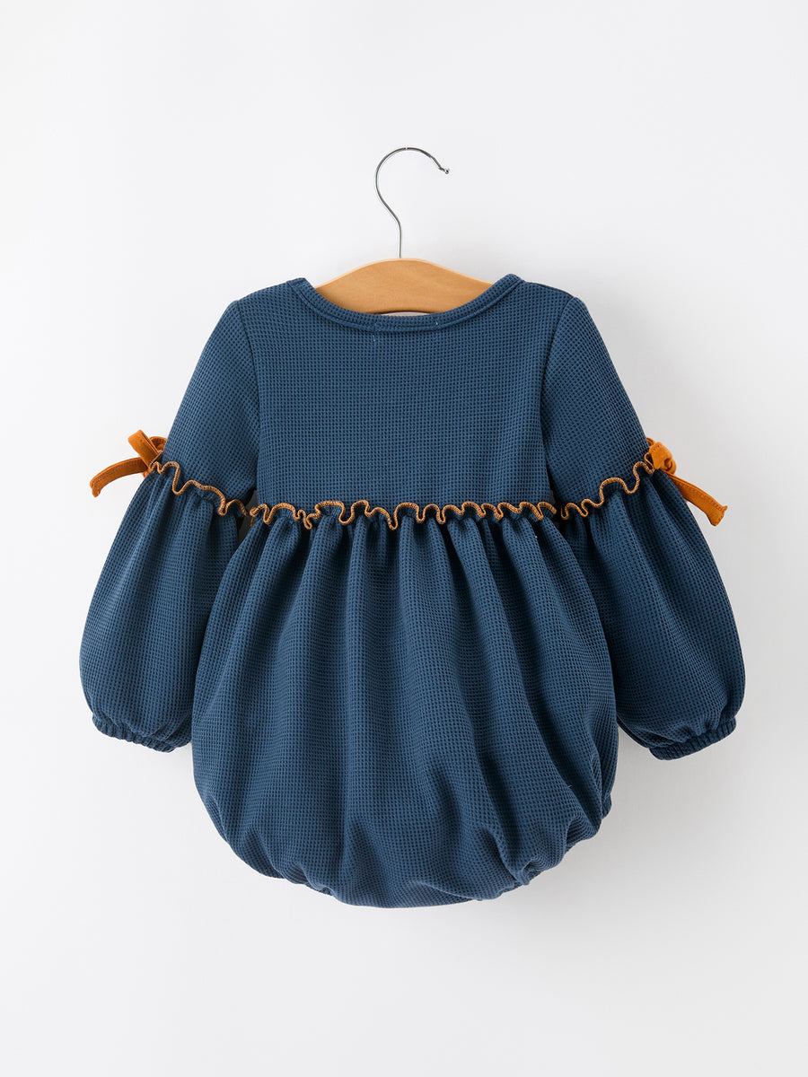 Thanksgiving Fall Turkey Applique Navy Baby Girls Romper