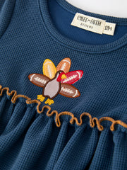 Thanksgiving Fall Turkey Applique Navy Baby Girls Romper