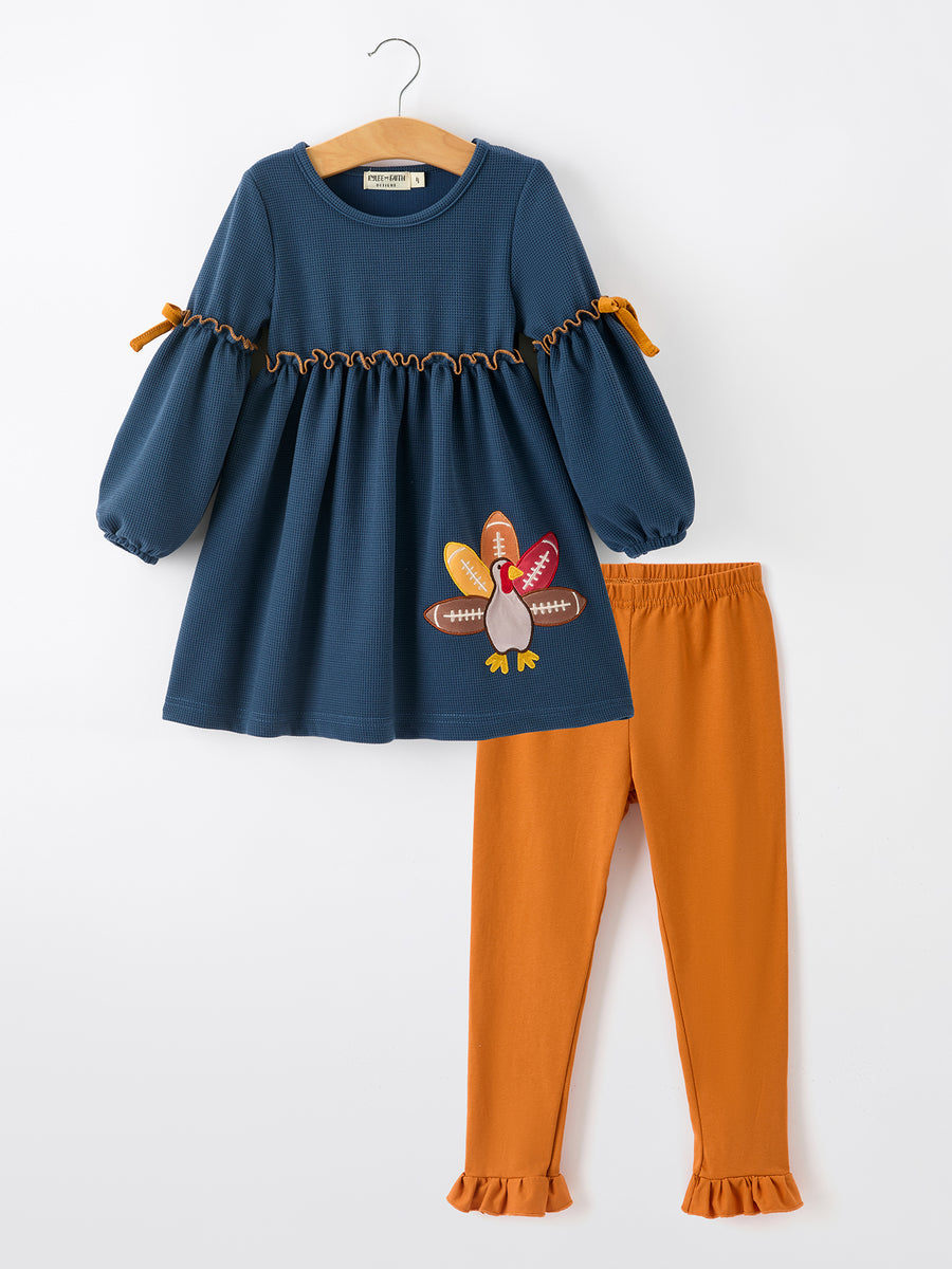 Thanksgiving Turkey Applique Girls Outfit Set Navy Top Orange Pants Set