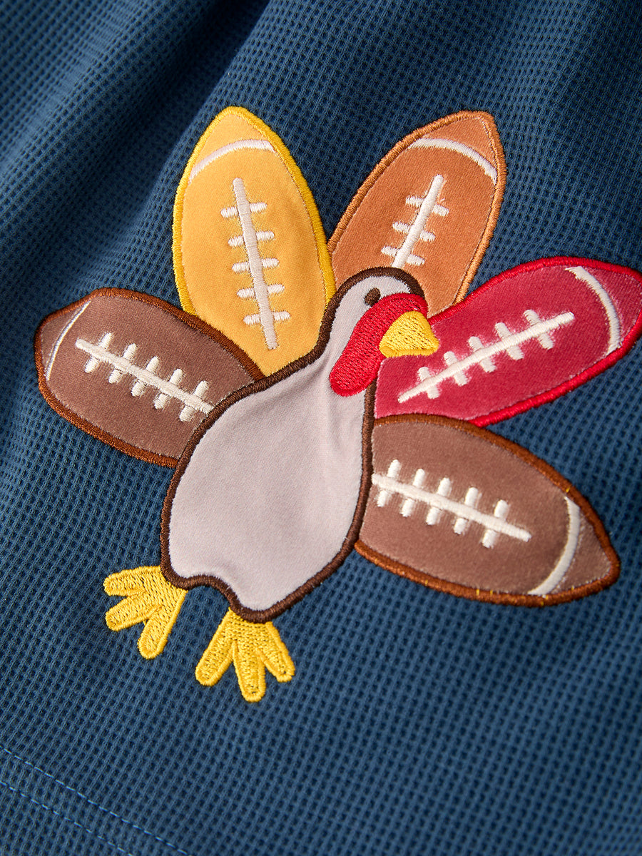Thanksgiving Turkey Applique Girls Outfit Set Navy Top Orange Pants Set