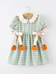 Fall Plaid Girls Dress Pumpkin Bow Smocked Peter Pan Collar