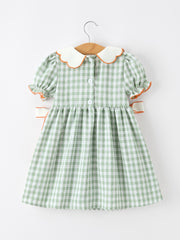 Fall Plaid Girls Dress Pumpkin Bow Smocked Peter Pan Collar