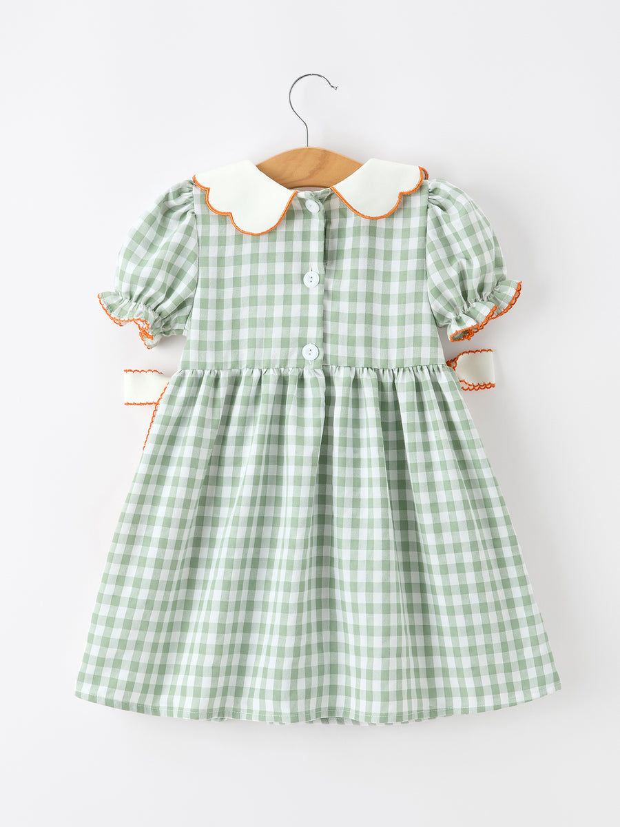 Fall Plaid Girls Dress Pumpkin Bow Smocked Peter Pan Collar