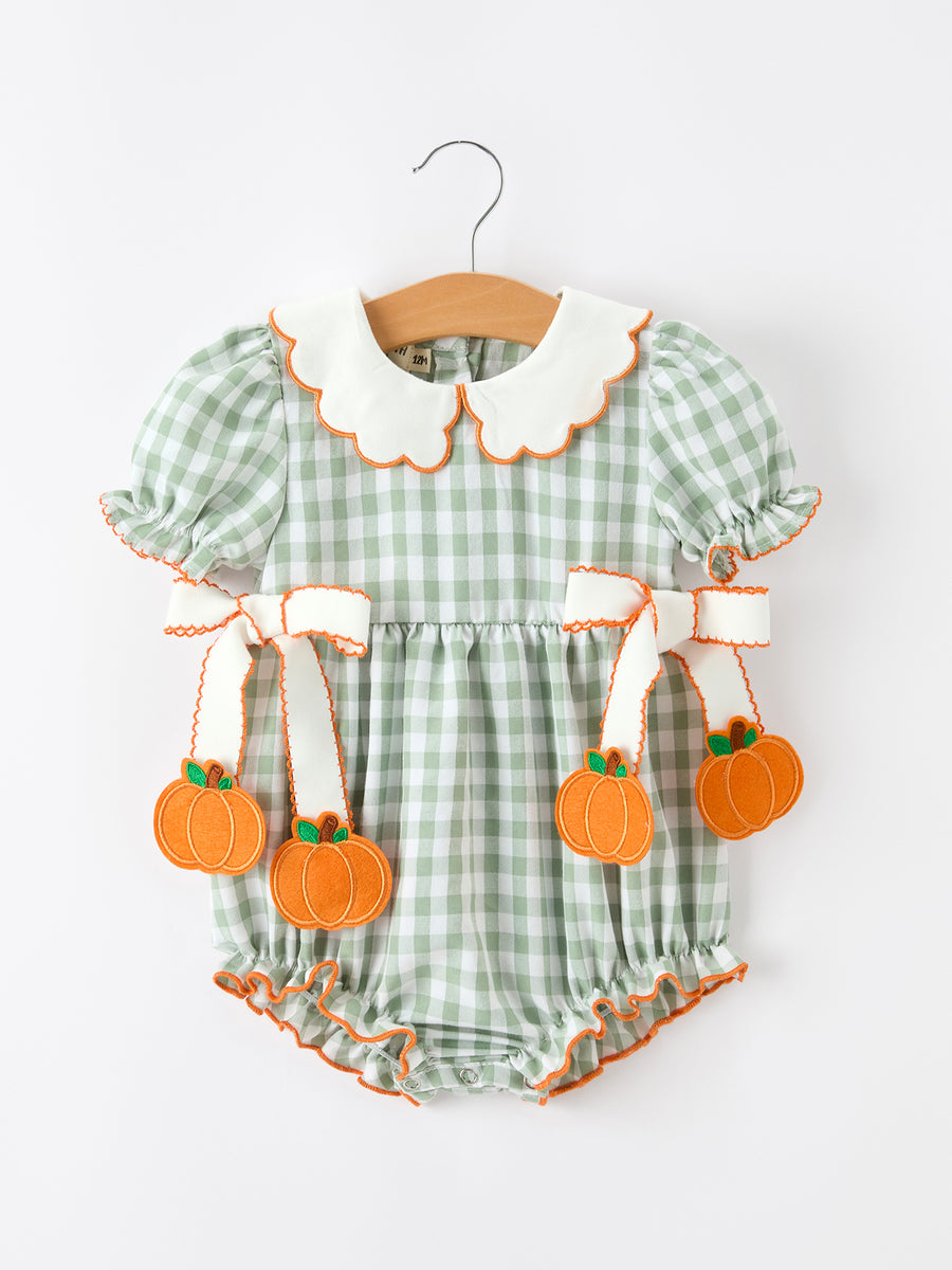 Fall Plaid Baby Girl Romper Pumpkin Bow Peter Pan Collar