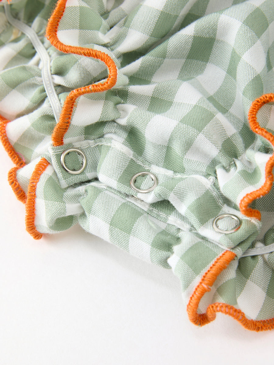 Fall Plaid Baby Girl Romper Pumpkin Bow Peter Pan Collar