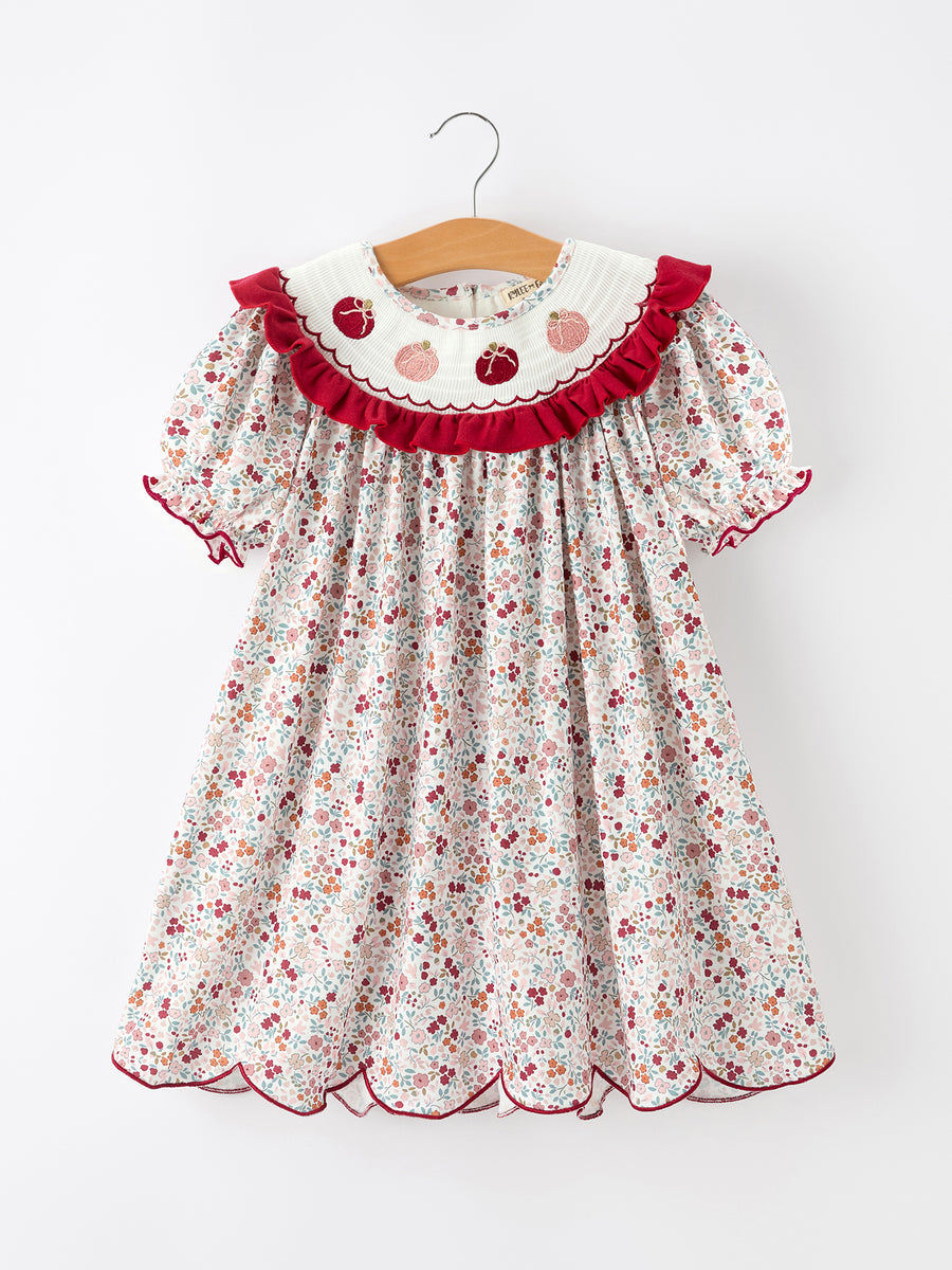 Fall Pumpkin Embroidery Girls Dress Floral Ruffle Collar Dress