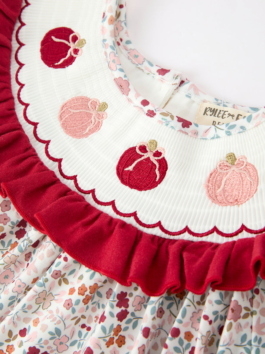 Fall Pumpkin Embroidery Girls Dress Floral Ruffle Collar Dress