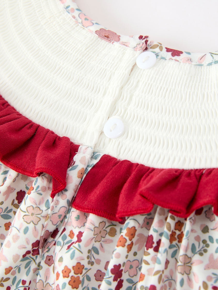 Fall Pumpkin Embroidery Girls Dress Floral Ruffle Collar Dress