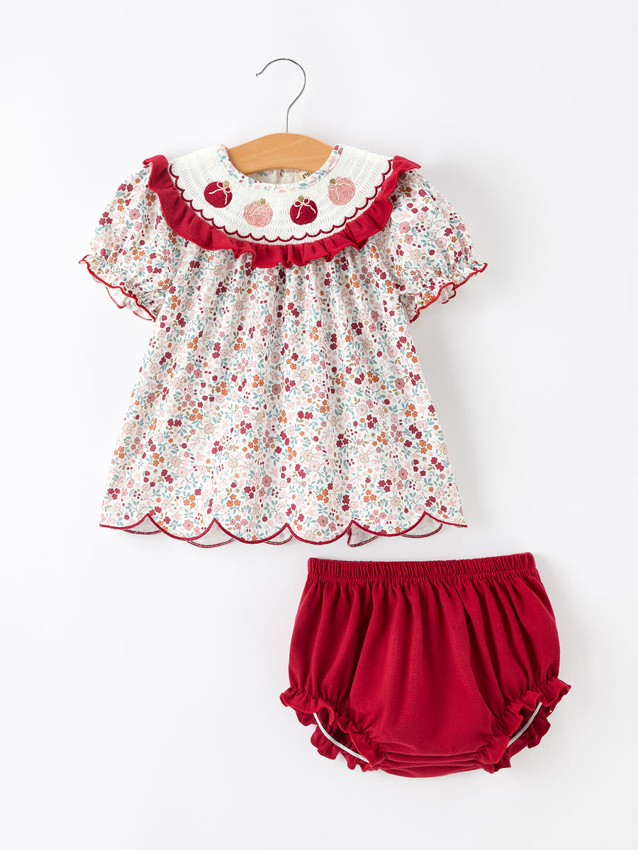 Fall Pumpkin Embroidery Baby Girl Outfit Set Red Bloomer Set