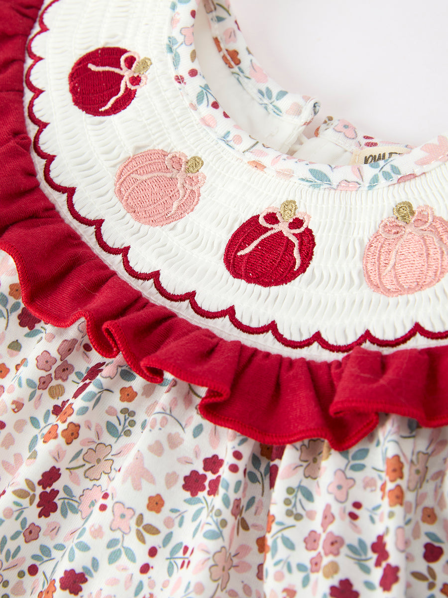 Fall Pumpkin Embroidery Baby Girl Outfit Set Red Bloomer Set
