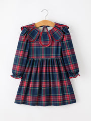 Fall Plaid Girl Dress Petal Collar Puff Sleeve Long Sleeve