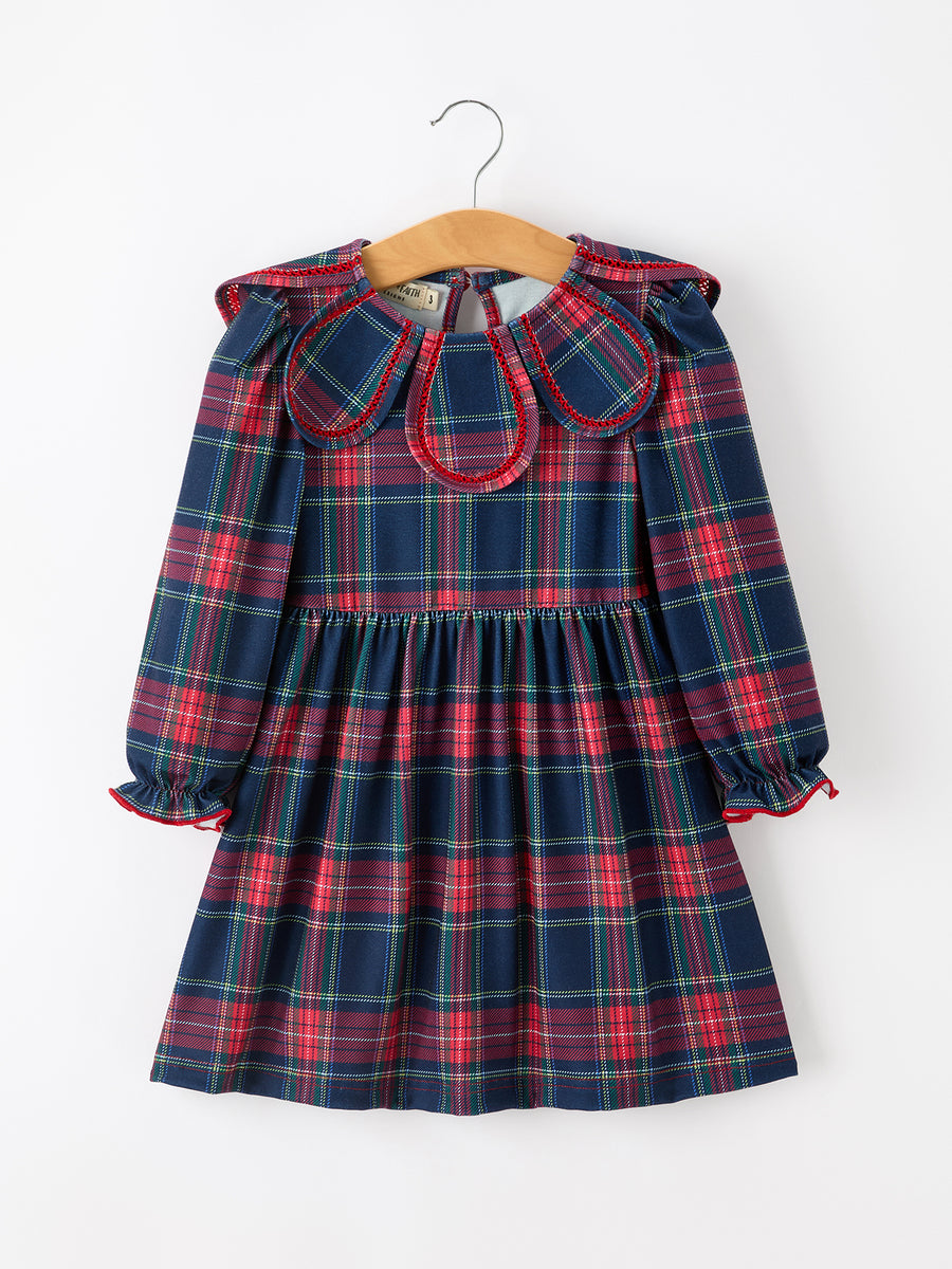 Fall Plaid Girl Dress Petal Collar Puff Sleeve Long Sleeve