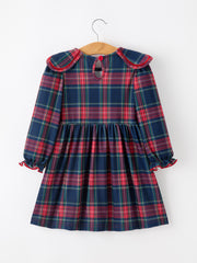 Fall Plaid Girl Dress Petal Collar Puff Sleeve Long Sleeve