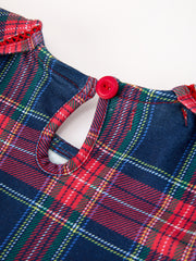 Fall Plaid Girl Dress Petal Collar Puff Sleeve Long Sleeve