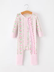Pink Floral Baby Girl Romper Zipper Sleepwear Ruffle Jumpsuit