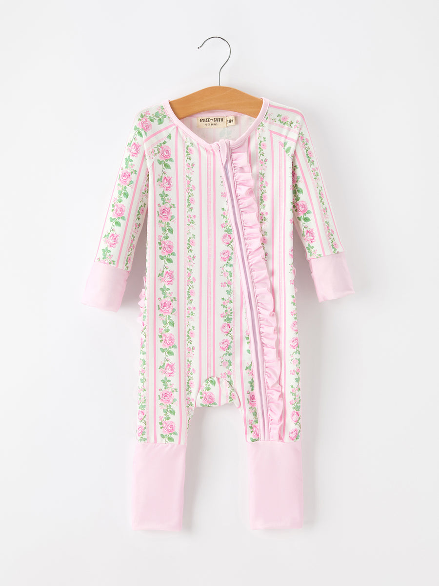 Pink Floral Baby Girl Romper Zipper Sleepwear Ruffle Jumpsuit