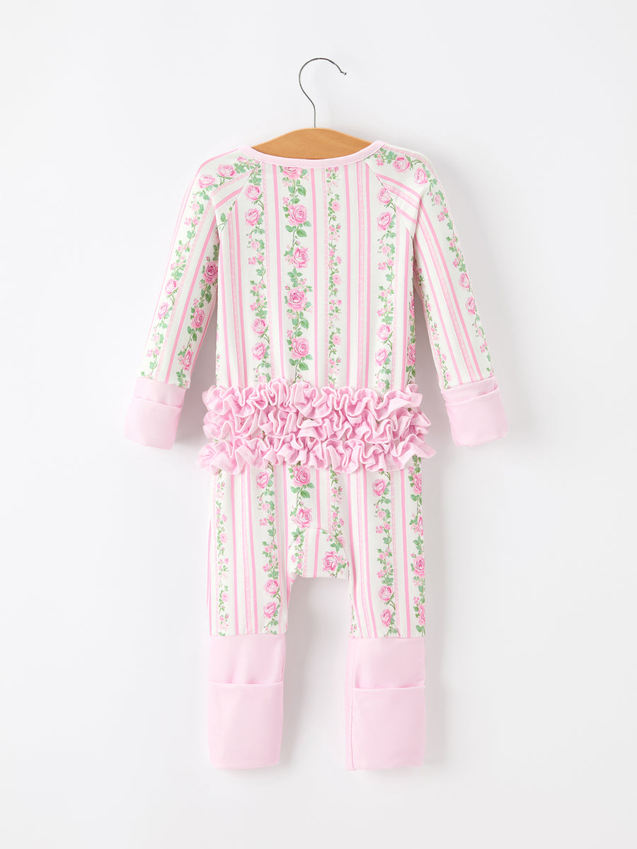 Pink Floral Baby Girl Romper Zipper Sleepwear Ruffle Jumpsuit