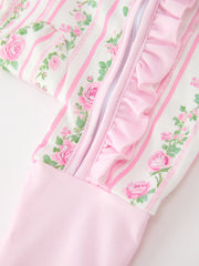 Pink Floral Baby Girl Romper Zipper Sleepwear Ruffle Jumpsuit