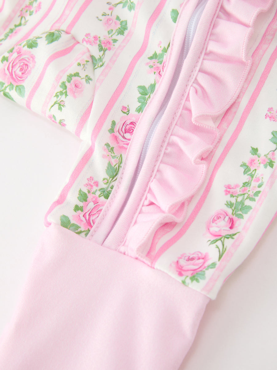 Pink Floral Baby Girl Romper Zipper Sleepwear Ruffle Jumpsuit