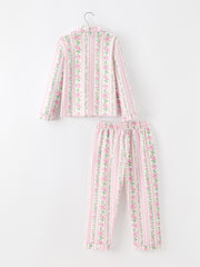 Pink Floral Girls Pajama Set Bow Tie Top Long Pants Sleepwear
