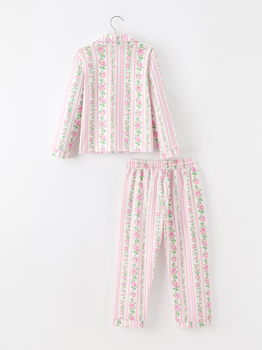 Pink Floral Girls Pajama Set Bow Tie Top Long Pants Sleepwear