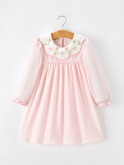 Pink Duck Embroidered Baby Girl Dress Peter Pan Collar Bow Dress