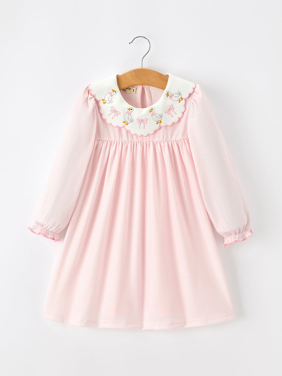 Pink Duck Embroidered Baby Girl Dress Peter Pan Collar Bow Dress