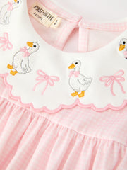 Pink Duck Embroidered Baby Girl Dress Peter Pan Collar Bow Dress