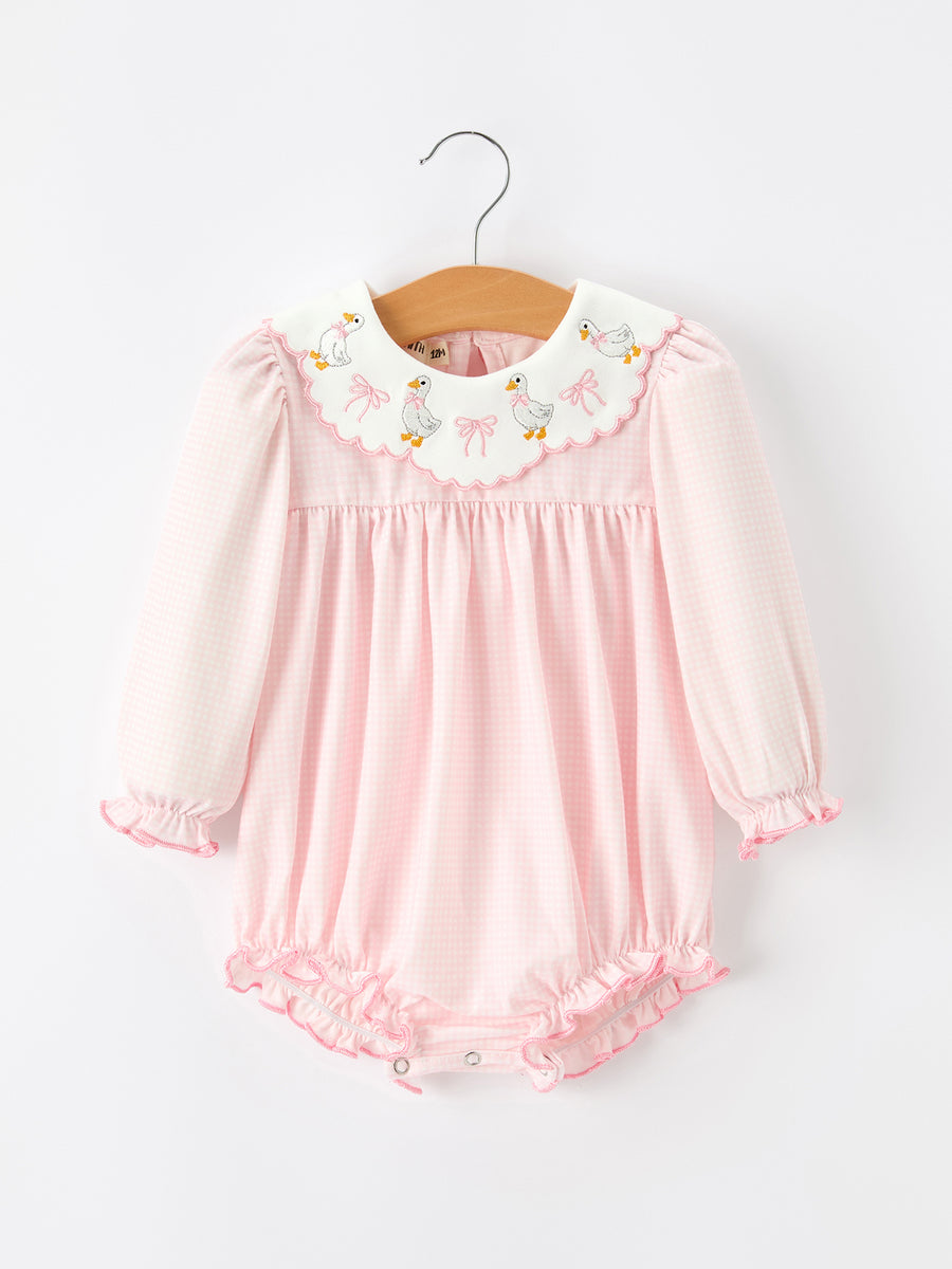 Pink Duck Embroidered Baby Girl Romper Ruffle Collar