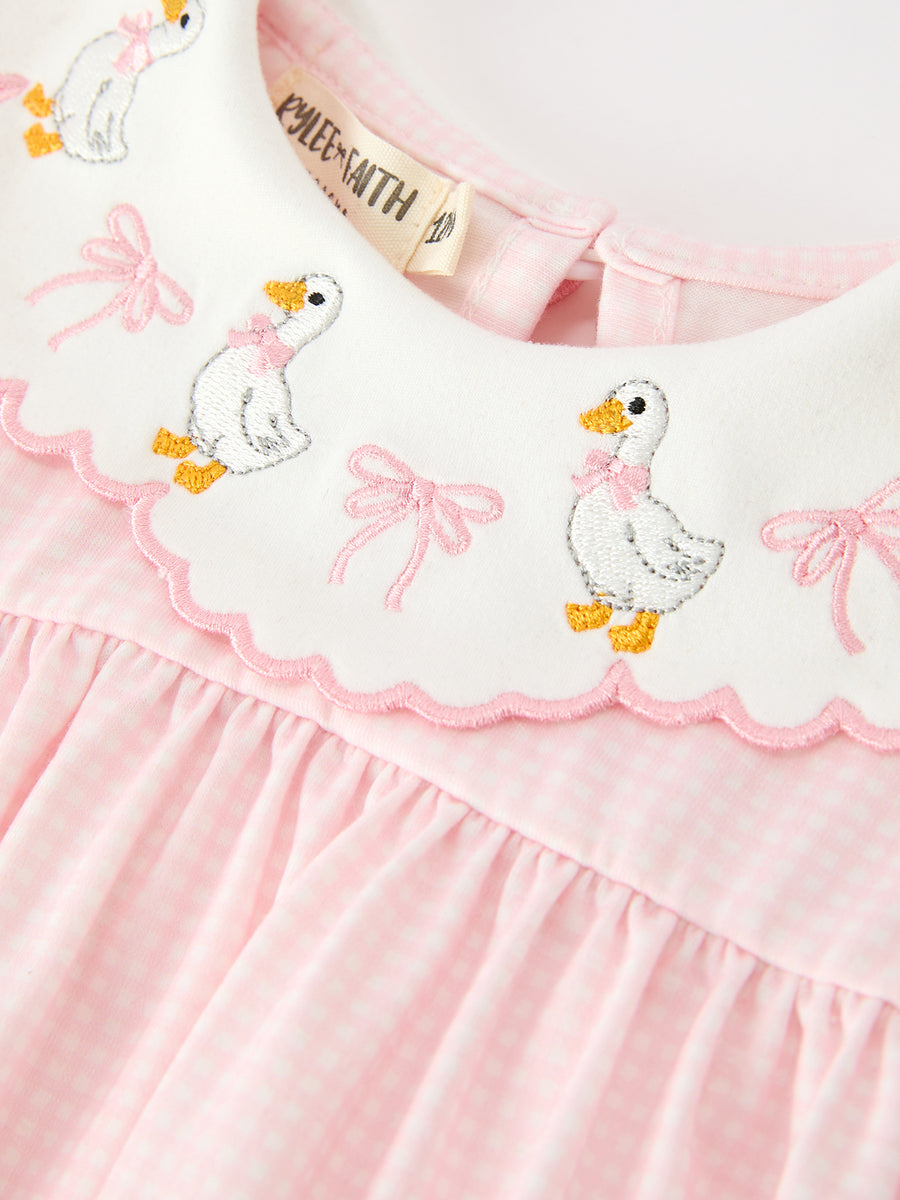 Pink Duck Embroidered Baby Girl Romper Ruffle Collar