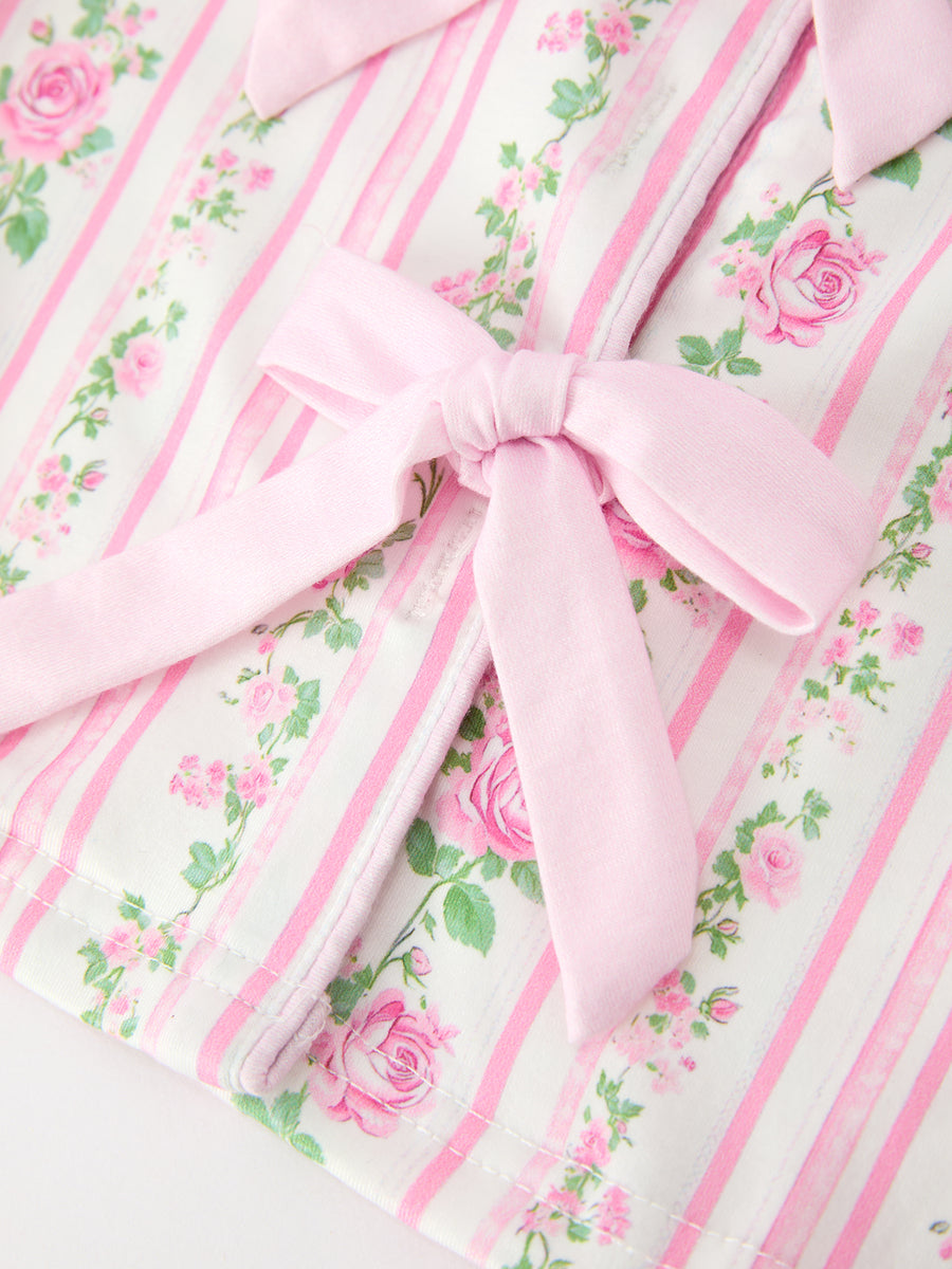 Pink Floral Girls Pajama Set Bow Tie Top Long Pants Sleepwear