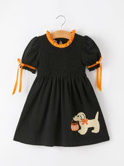 Girls Halloween Dog Pumpkin Embroidered Dress Puff Sleeve