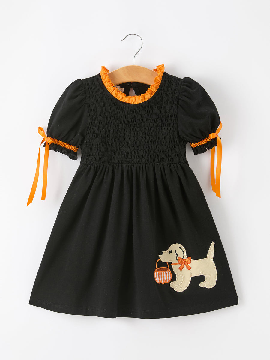 Girls Halloween Dog Pumpkin Embroidered Dress Puff Sleeve