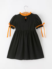 Girls Halloween Dog Pumpkin Embroidered Dress Puff Sleeve
